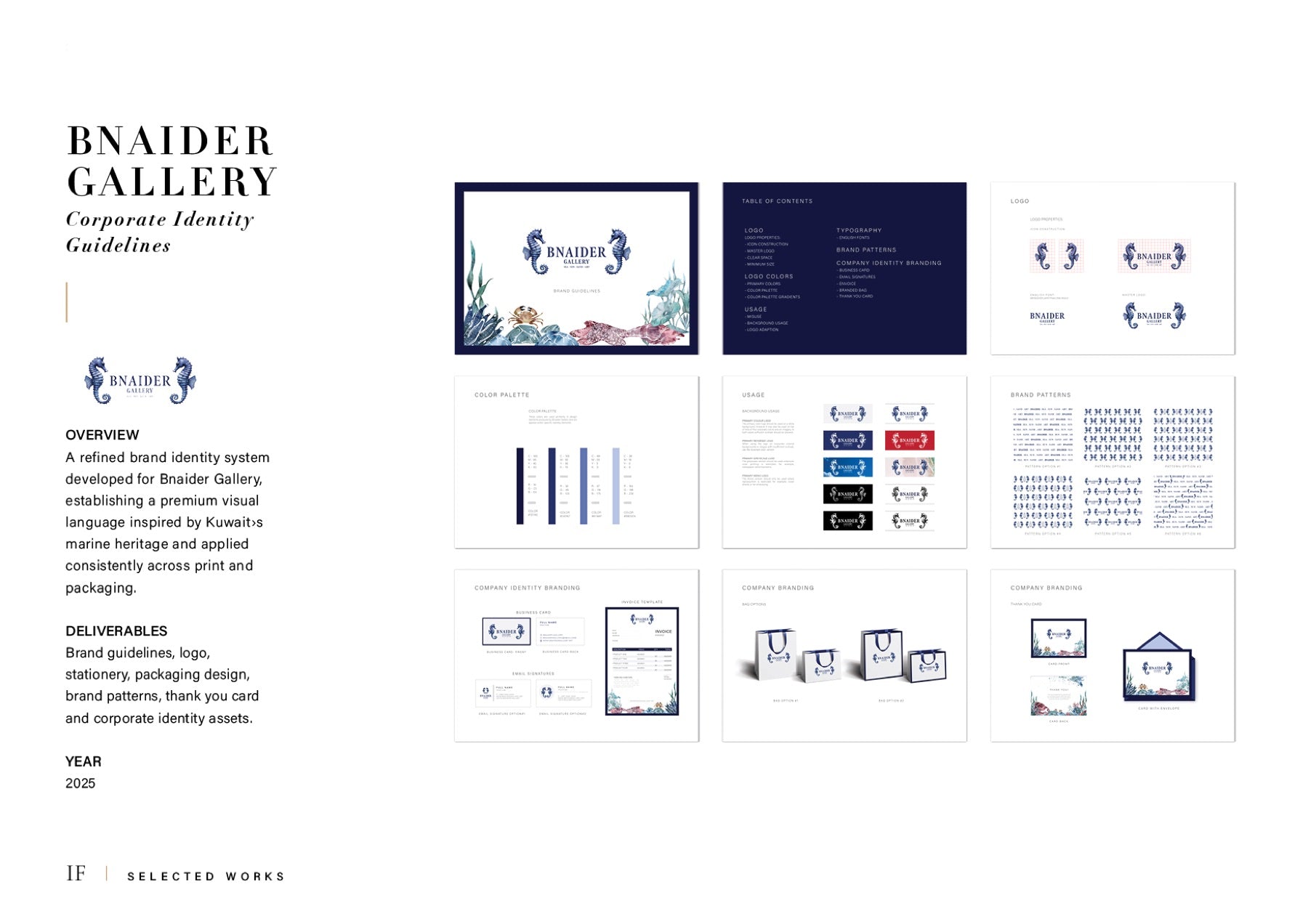 Bnaider Gallery brand identity spread — logo, packaging and brand pattern system