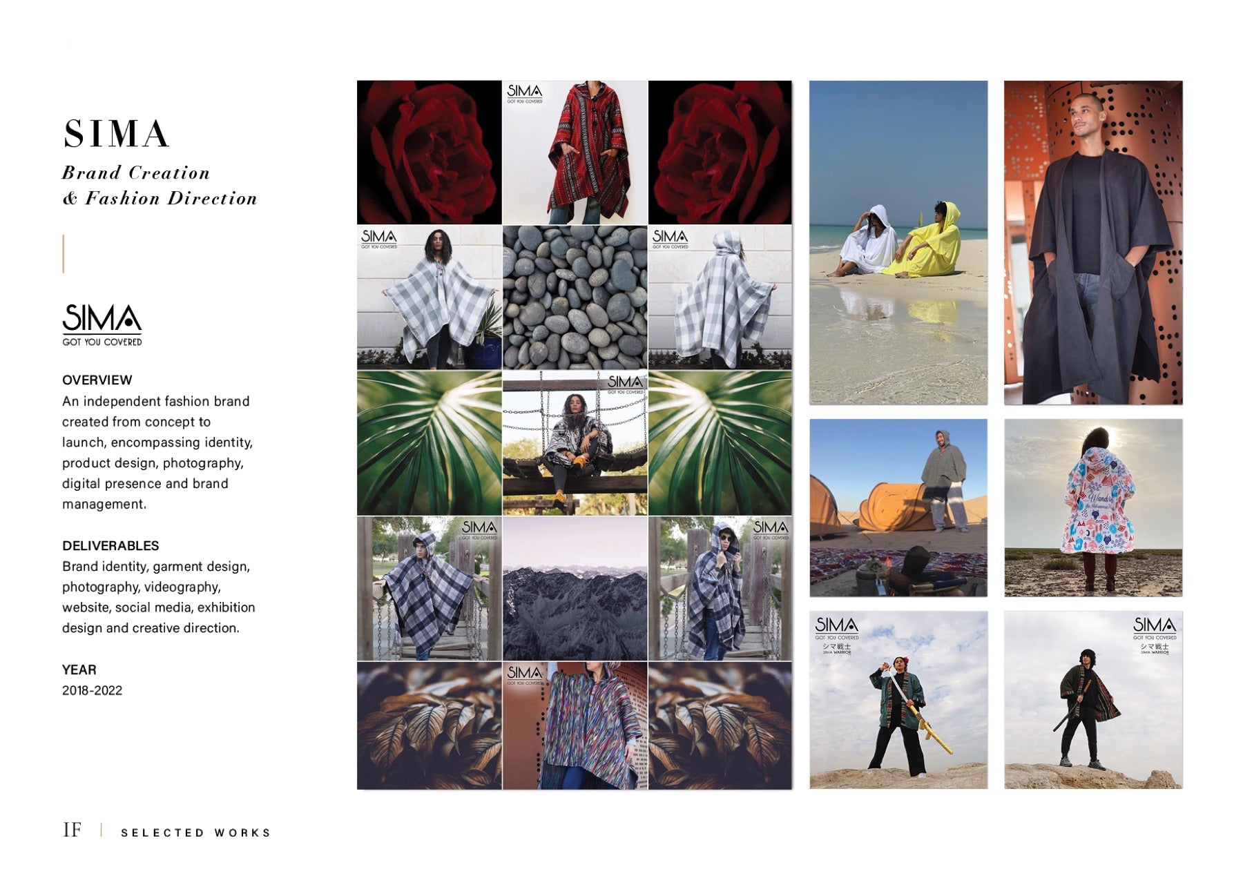 SIMA fashion brand spread — poncho campaign photography across desert, coastline and mountain settings