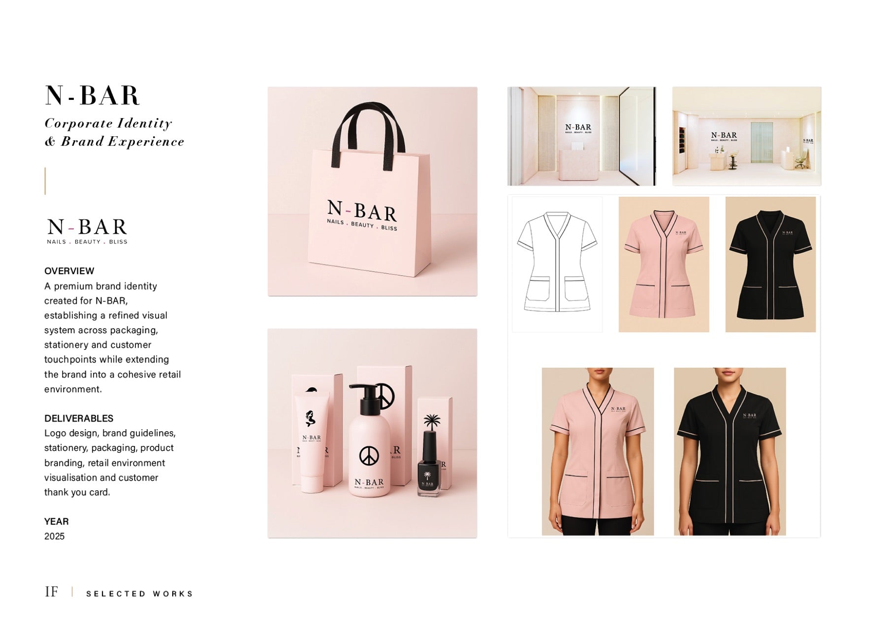N-BAR brand identity spread — packaging, stationery and retail environment